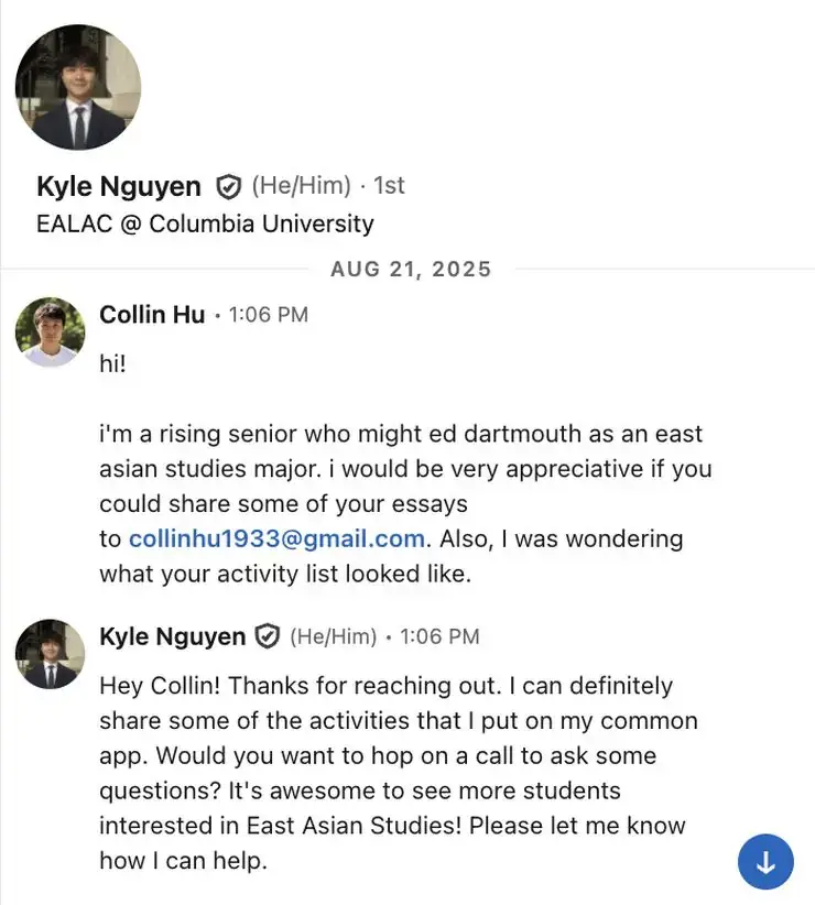 Collin networking with a Columbia student on LinkedIn