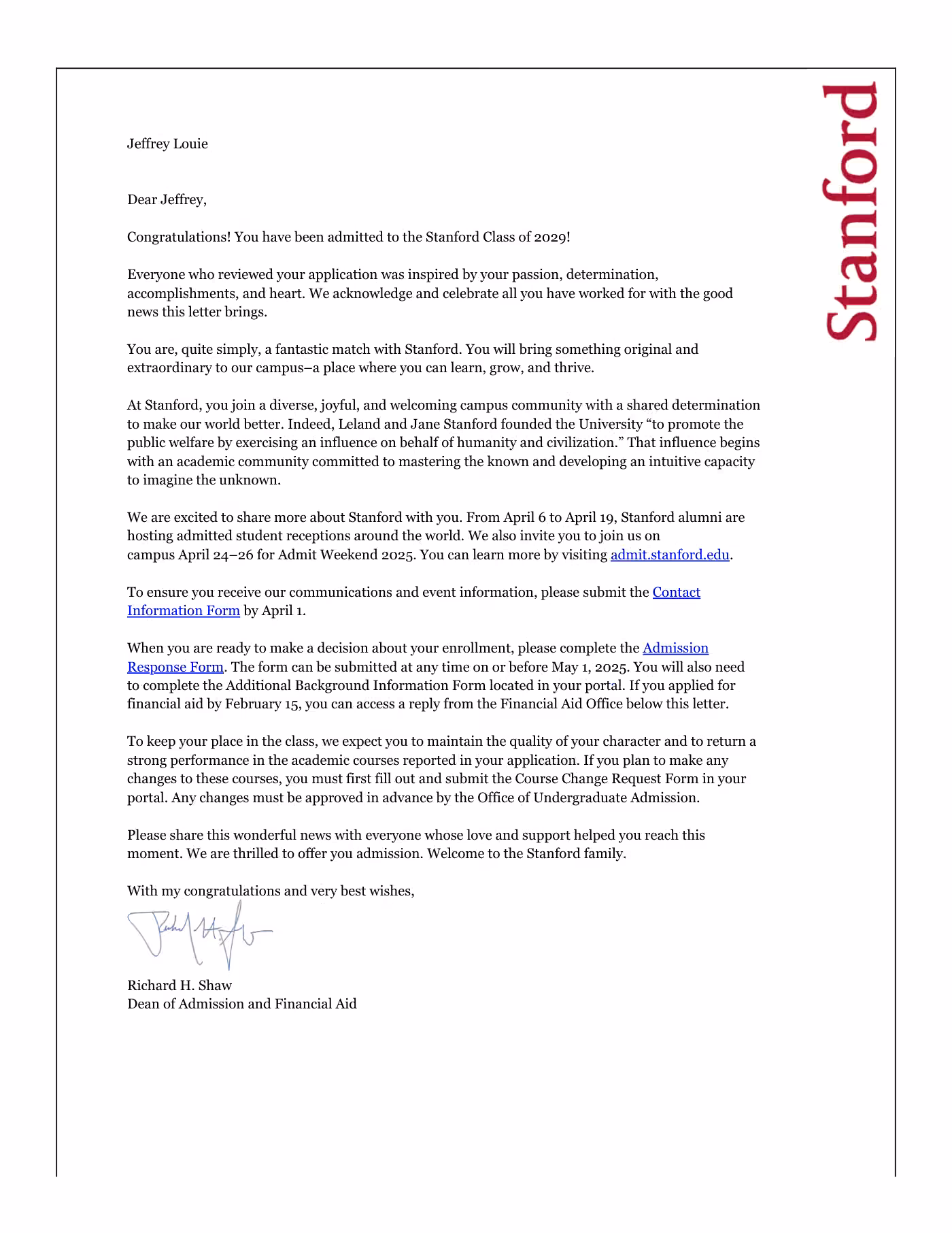 Jeffrey’s Stanford University admission letter · Class of 2029