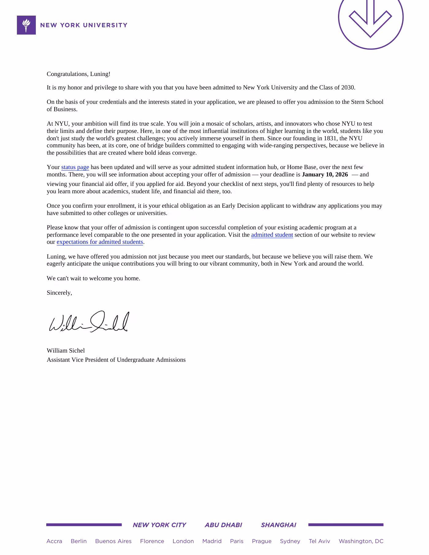Luning Wang’s NYU Stern admission letter · Class of 2030