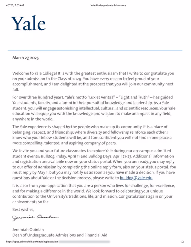 Yale College admission letter