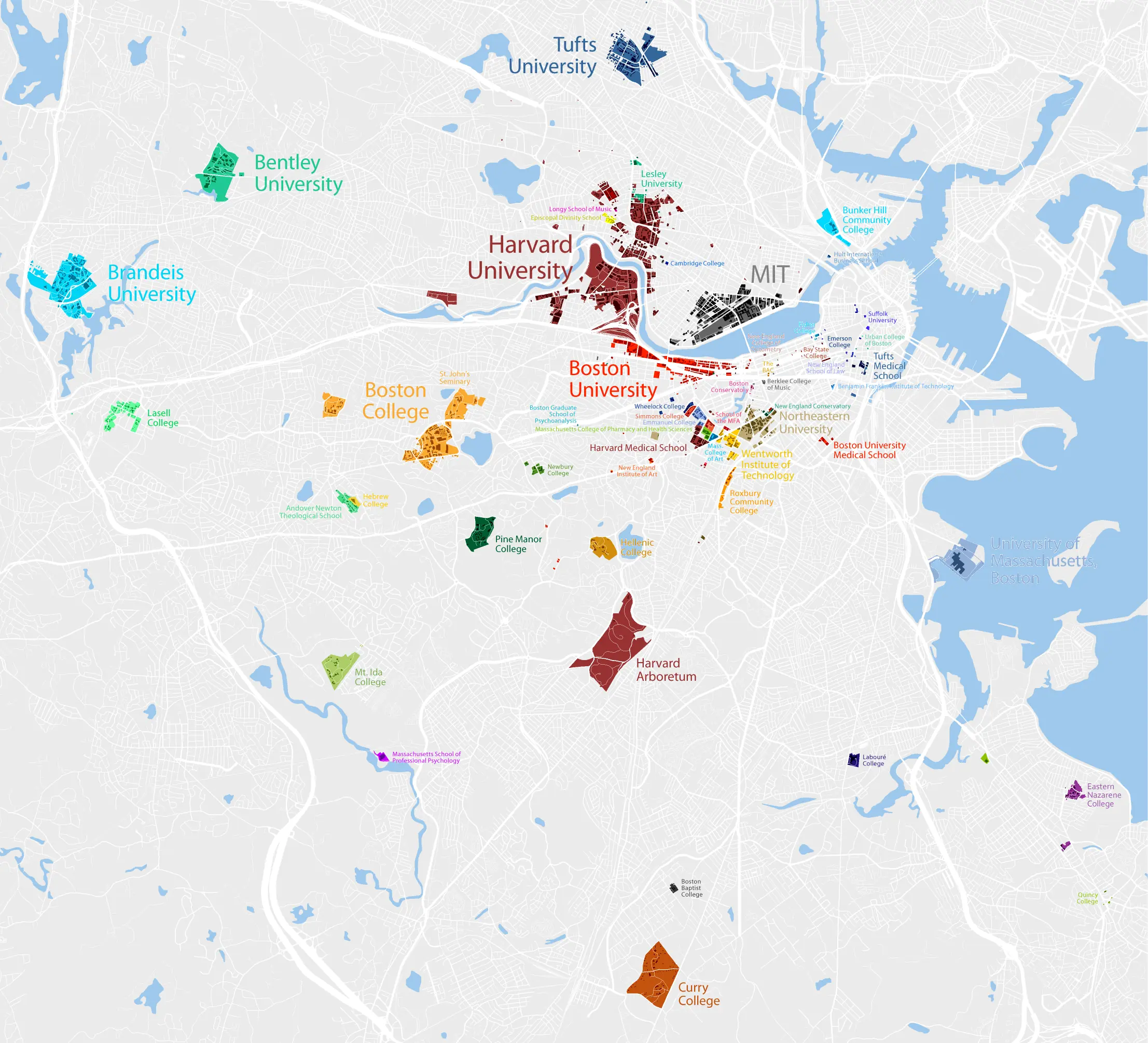 Street map of Greater Boston with every college campus outlined