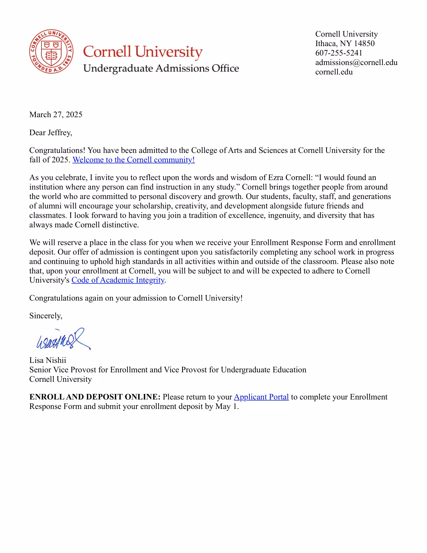 Jeffrey’s Cornell University admission letter · Fall 2025
