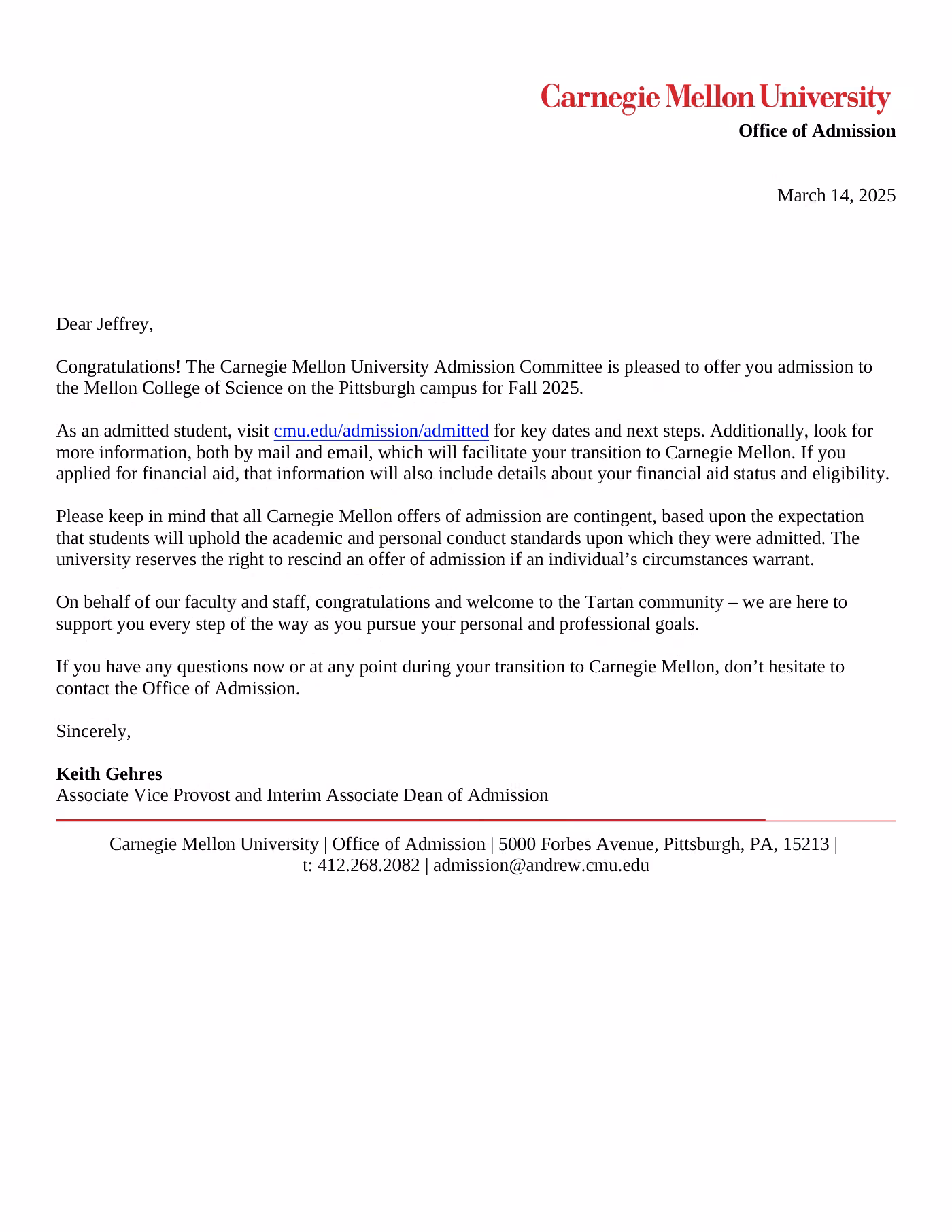 Jeffrey’s Carnegie Mellon University admission letter · Fall 2025